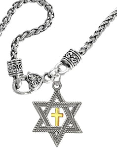 Messianic, Christian, Jewish Silver Star Of David, Gold Cross Antique Wheat Chain Necklace, Hypoallergenic-Safe, No Nickel, Lead, or Cadmium In The Metal ©2023