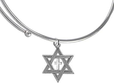 Messianic, Christian, Jewish Antique Silvertone Star Of David, Polished Cross, Adjustable Miracle Wire Bracelet, Will Fit Everyone, Hypoallergenic-Safe, No Nickel, Lead, Cadmium In The Metal