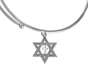 Messianic, Christian, Jewish Antique Silvertone Star Of David, Polished Cross, Adjustable Miracle Wire Bracelet, Will Fit Everyone, Hypoallergenic-Safe, No Nickel, Lead, Cadmium In The Metal