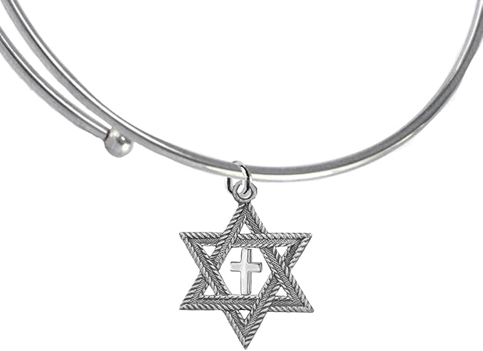 Messianic, Christian, Jewish Antique Silvertone Star Of David, Polished Cross, Adjustable Miracle Wire Bracelet, Will Fit Everyone, Hypoallergenic-Safe, No Nickel, Lead, Cadmium In The Metal