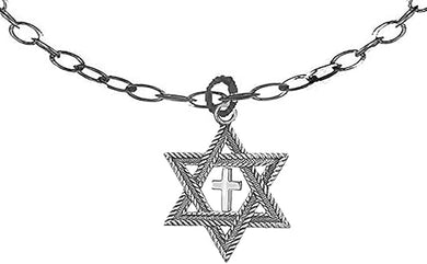 Messianic, Christian, Jewish Children's Antique Silvertone Star Of David, With Cross On Adjustable 12 Inch To 15 Inch Silvertone Chain Necklace, Hypoallergenic, No Nickel, Lead, or Cadmium In Metal, Large, Silver, Carnelian