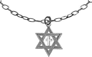 Messianic, Christian, Jewish Children's Antique Silvertone Star Of David, With Cross On Adjustable 12 Inch To 15 Inch Silvertone Chain Necklace, Hypoallergenic, No Nickel, Lead, or Cadmium In Metal, Large, Silver, Carnelian