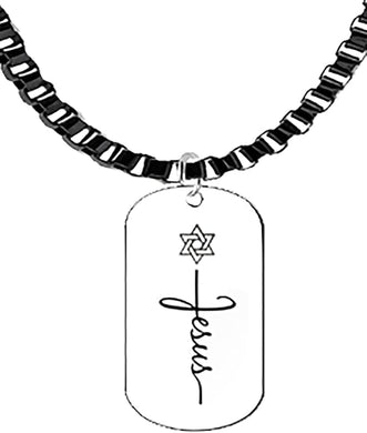 Messianic Adjustable Dog Tag With Star Of David Over Jesus, Black Anodized Box Chain, Hypoallergenic-Safe, No Nickel, Lead, or Cadmium In The Metal ©2023, Large, Silver, Carnelian