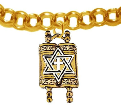 Messianic, Yeshua, Holy, Holy, Holy, 14KT Antique Goldtone Torah (Bible) With A Silvertone Star of David And Cross On A Adjustable Rollo Chain Bracelet. It Will Fit Everyone. ©2024