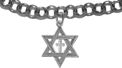 Messianic Christian Silver Star Of David With Silver Austrian Crystal Cross, On A Adjustable Rolo Chain Bracelet, Will fit Anyone. Hypoallergenic-Safe, No Nickel, Lead, Or Cadmium In The Metal ©2023, Large, Silver, Carnelian