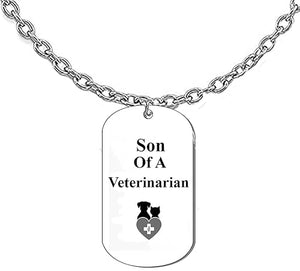 Son Of A Veternarian, Dog Tag On A Silvertone Cable Chain Necklace.18-21 Inches. What A Great Gift For Yourself, Or Somebody Special. As A Gift No Worry About What Size They Wear. It Is Adjustable.