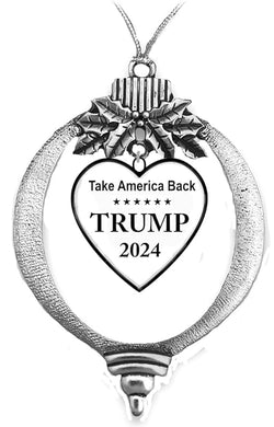 Trump, Take America Back, 2024 Silvtone Heart In A Tree Ornament, With Tree Attachment, What A Great Gift for Yourself, or Someone Special. Wonderful Donor Gift. No Sizes Too Worry About! ©2024