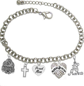 Proud Marine Mom Heart Bracelet, Hypoallergenic, Will NOT Irritate Anyone with Sensitive Skin. Safe- Nickel, Lead and Cadmium Free