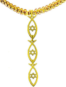 Messianic Fashion, 3 Ichthys Fish, The Sacred Symbol Of The Early Christians With A Jewish Symbol, Star Of David Charm,Suspended On A Gold 14KT Finish Adjustable Box Chain Necklace,Gift Ready,Comes In Black Velvet Bag