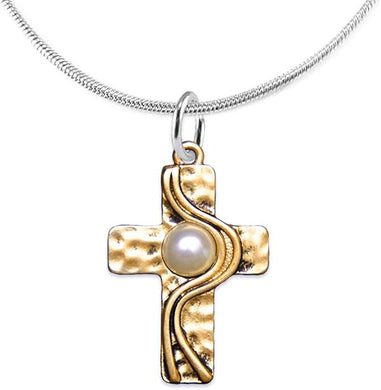 Christian Cross, Two Tone Matt Gold and Silver, Faux Pearl Necklace, Adjustable, Hypoallergenic, Safe-Nickel, Lead, and Cadmium Free