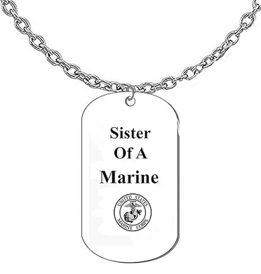 Sister Of A Marine Dog Tag On A Silvertone Cable Chain Necklace. 18-21 Inches. What A Great Gift For Yourself, Or Somebody Special. Beautiful Premium Quality, Silvertone Finish. Hypoallergenic-Safe