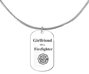 Girlfriend Of A Firefighter Dog Tag On A Adjustable Silvertone Snake Chain Necklace. 18-21 Inches. What A Great Gift For Yourself, Or Somebody Special.