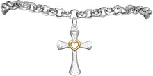 Two Tone Matt Gold Heart and Silver Cross Bracelet Hypoallergenic, Safe-Nickel, Lead, and Cadmium Free