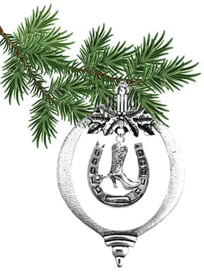 Cowgirl Boot In A Horseshoe Christmas Tree Ornament, What A Wonderful Gift For Yourself Or Someone Special. Gift Ready Comes In A Black Velvet Bag. Made In The USA By Veterans