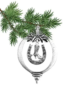 Cowgirl Boot In A Horseshoe Christmas Tree Ornament, What A Wonderful Gift For Yourself Or Someone Special. Gift Ready Comes In A Black Velvet Bag. Made In The USA By Veterans