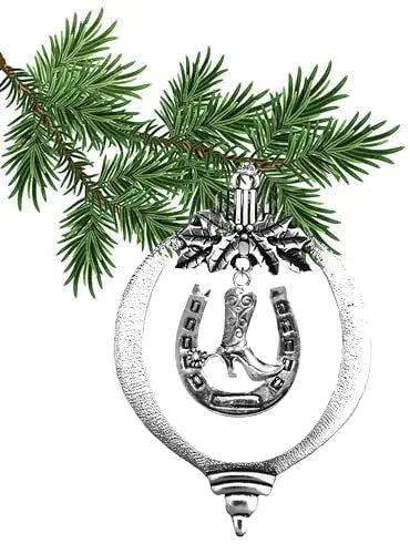 Cowgirl Boot In A Horseshoe Christmas Tree Ornament, What A Wonderful Gift For Yourself Or Someone Special. Gift Ready Comes In A Black Velvet Bag. Made In The USA By Veterans