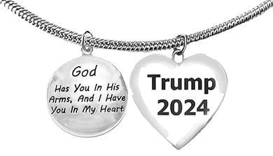 God Has You In His Arms And I Have You In My Heart, Trump 2024 Heart, Adjustable Snake Chain Necklace, What A Wonderful Gift For Yourself, Or A Friend, Or A Family Member, Or As A Donor Gift.