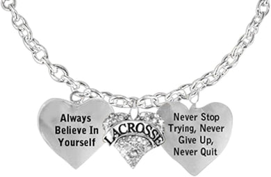 Lacrosse Necklace, Never Give Up, Never Stop Trying, Never Quit Safe-Nickel, Lead, & Cadmium Free!