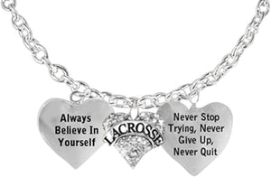 Lacrosse Necklace, Never Give Up, Never Stop Trying, Never Quit Safe-Nickel, Lead, & Cadmium Free!