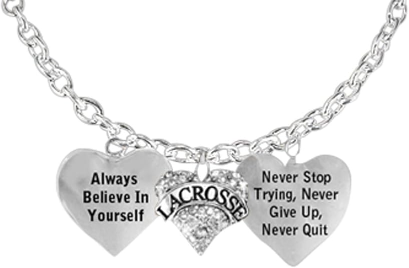 Lacrosse Necklace, Never Give Up, Never Stop Trying, Never Quit Safe-Nickel, Lead, & Cadmium Free!
