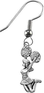 Jumping Cheerleader, Genuine Crystal Poms, On A Sterling Silver Solid .925 Sterling,Not Plated Or Coated.Fishhook Earring, Hyperallergenic Safe-Nickel,Lead, Cadmium Free