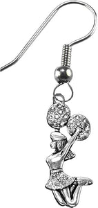 Jumping Cheerleader, Genuine Crystal Poms, On A Sterling Silver Solid .925 Sterling,Not Plated Or Coated.Fishhook Earring, Hyperallergenic Safe-Nickel,Lead, Cadmium Free