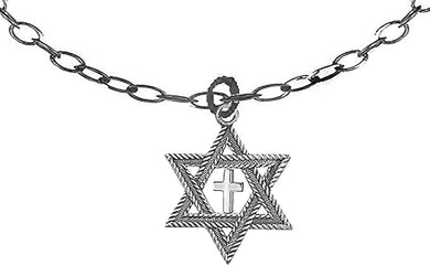 Messianic Christian Antique Silvertone Star Of David, Silver Cross, Adjustable Chain Necklace From Very Small, 12 Inches To Average, 15 Inches, Hypoallergenic-Safe, No Nickel, Lead, Cadmium In The Metal