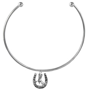 New Exciting Fashion Western Style, The Western Choker Necklace With A Cowgirl Boot Inside A Horseshoe, Silvertone, What A Wonderful Gift For Yourself, Or Someone Special. Made In The USA