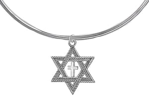 Messianic, New Exciting Style, Star Of David And Cross, Adjustable Silvertone Choker Necklace, What A Wonderful Gift For Yourself, Or Someone Special. Necklace Comes Gift Ready, In A Black Velvet Bag