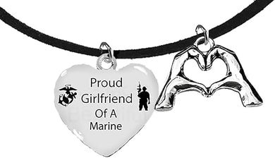 Marine, Proud Girlfriend Of A Marine, Finger Heart, I Love You, On A Adjustable Black Suede Necklace. What A Great Gift For Yourself, Or Someone Special. Gift ready, Comes In A Black Velvet Bag