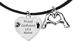 Marine, Proud Girlfriend Of A Marine, Finger Heart, I Love You, On A Adjustable Black Suede Necklace. What A Great Gift For Yourself, Or Someone Special. Gift ready, Comes In A Black Velvet Bag