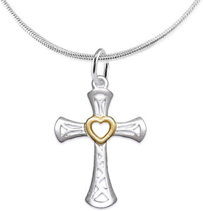 Two Tone Matt Gold Heart and Silver Cross Adjustable Necklace Hypoallergenic, Safe-Nickel, Lead, and Cadmium Free
