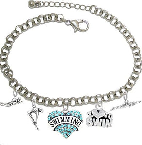 I Love Swimming 5 Charm Adjustable Bracelet, Hypoallergenic, Safe-Nickel Free, No Poisonous Lead Or Cadmium