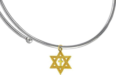 Messianic, Christian, Jewish Antique 14KT Goldtone Star Of David And A Goldtone Polished Cross On A Adjustable Silvertone Miracle Wire Bracelet, Will Fit Everyone, Hypoallergenic-Safe, No Nickel, Le,