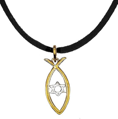 Messianic Christian Fish In 14KT Goldtone, Silvertone Star Of David, Black Suede Necklace.If you do not believe that this jewelry is beautiful when you receive it, simply return it for a full refund.