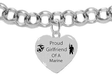 Marine, Proud Girlfriend Of A Marine, On A Adjustable Silvertone Rollo Chain Bracelet, What A Great Gift For Yourself, Or A Friend. Hypoallergenic, No Nickel, Lead Or Cadmium In The Metal