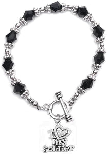Army, I Love My Soldier, Black Crystal Bracelet Hypoallergenic, Safe-Nickel, Lead, Cadmium Free