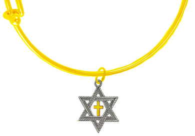 Messianic, Christian, Jewish Antique Silvertone Star Of David And Polished, 14KT Goldtone Cross On A Adjustable Silvertone Miracle Wire Bracelet, Will Fit Everyone, Gift Ready, Comes In A Black Velvet Bag. Hypoallergenic-Safe