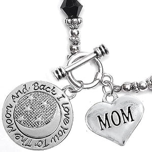 Mom, I Love You to The Moon and Back Jet Crystal Charm Bracelet, Hypoallergenic, Safe, Nickel, Lead & Cadmium Free.