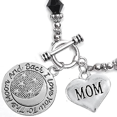 Mom, I Love You to The Moon and Back Jet Crystal Charm Bracelet, Hypoallergenic, Safe, Nickel, Lead & Cadmium Free.