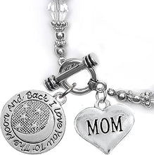 Mom, I Love You to The Moon and Back Clear Crystal Charm Bracelet, Hypoallergenic, Safe, Nickel, Lead & Cadmium Free.