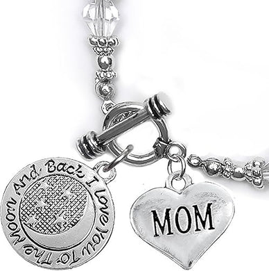Mom, I Love You to The Moon and Back Clear Crystal Charm Bracelet, Hypoallergenic, Safe, Nickel, Lead & Cadmium Free.