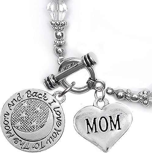 Mom, I Love You to The Moon and Back Clear Crystal Charm Bracelet, Hypoallergenic, Safe, Nickel, Lead & Cadmium Free.
