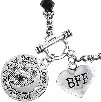 BFF I Love You To The Moon And Back Jet Crystal Charm Bracelet, Hypoallergenic, Safe, Nickel, Lead & Cadmium Free.
