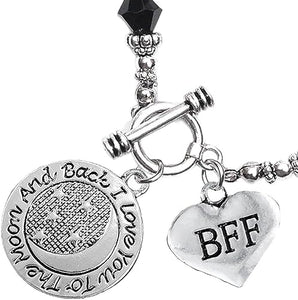 BFF I Love You To The Moon And Back Jet Crystal Charm Bracelet, Hypoallergenic, Safe, Nickel, Lead & Cadmium Free.