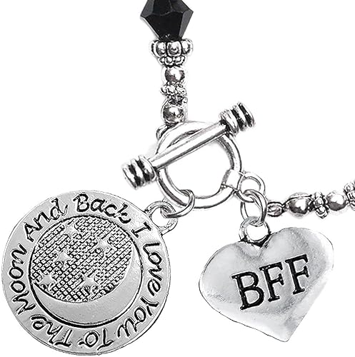 BFF I Love You To The Moon And Back Jet Crystal Charm Bracelet, Hypoallergenic, Safe, Nickel, Lead & Cadmium Free.