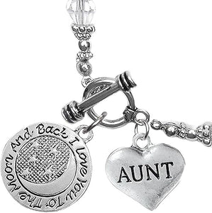 Aunt I Love You to The Moon and Back Clear Crystal Charm Bracelet, Hypoallergenic, Safe, Nickel, Lead & Cadmium Free.