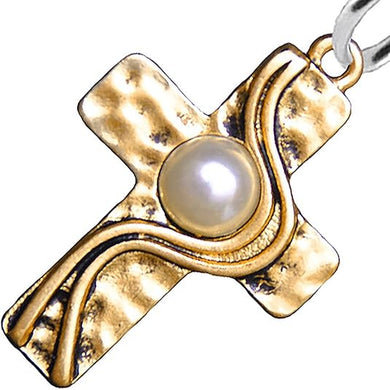Christian Cross, Two Tone Matt Gold and Silver, Faux Pearl Post Earrings Hypoallergenic, Safe-Nickel, Lead, And Cadmium Free