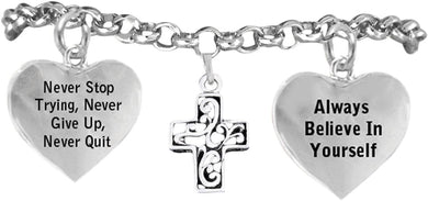 Christian Cross Bracelet Never Give Up. Never Stop Trying, Adjustable Hypoallergenic, Nickel Free
