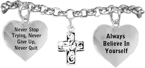 Christian Cross Bracelet Never Give Up. Never Stop Trying, Adjustable Hypoallergenic, Nickel Free